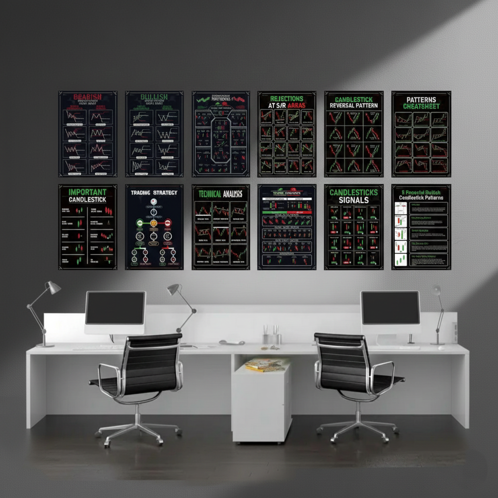 12'li Borsa ve Kripto Teknik Analiz Poster Seti - Mum Formasyonları ve Grafik Desenleri Eğitim Seti